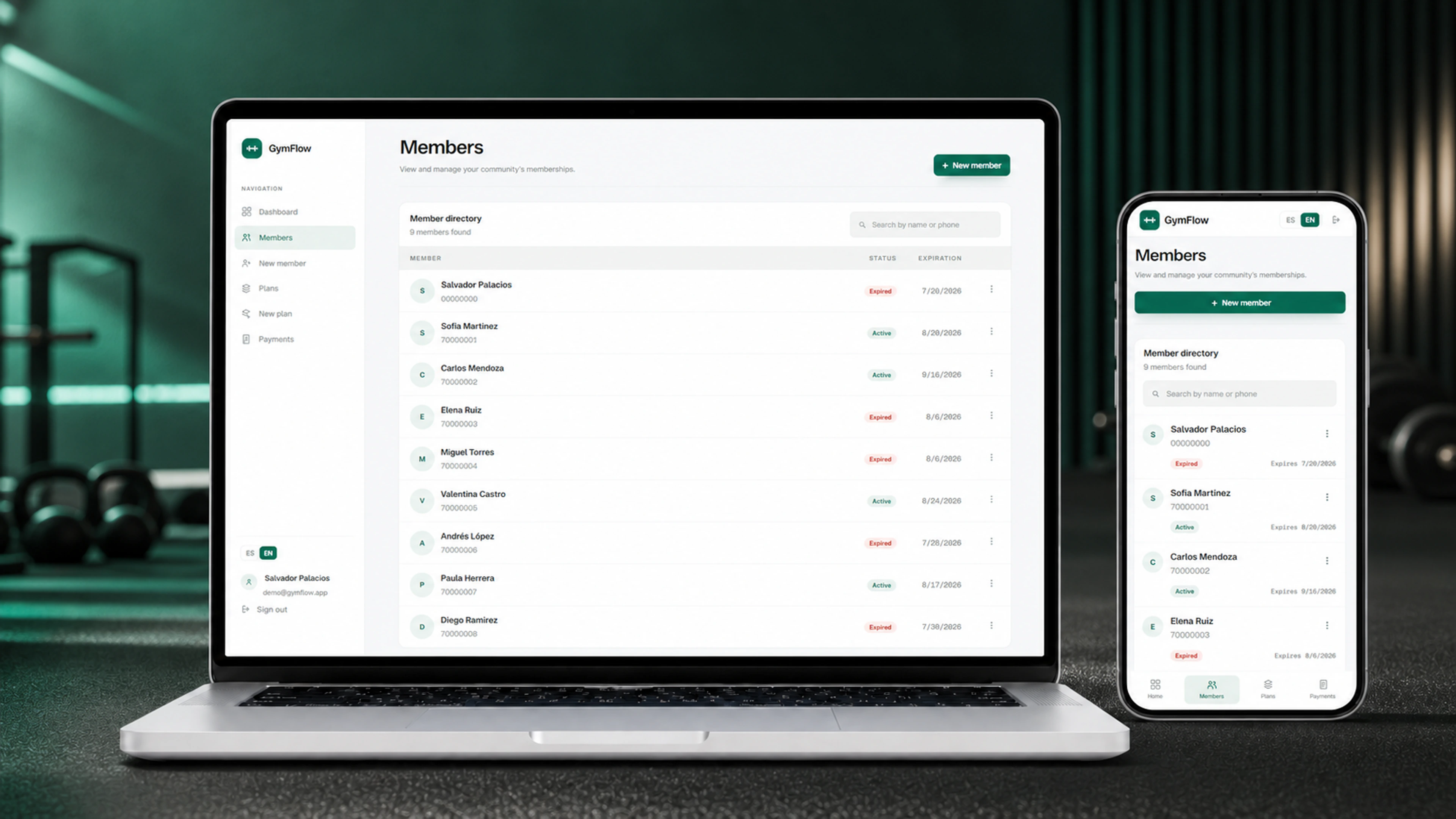 GymFlow member management interface displayed on laptop and mobile devices