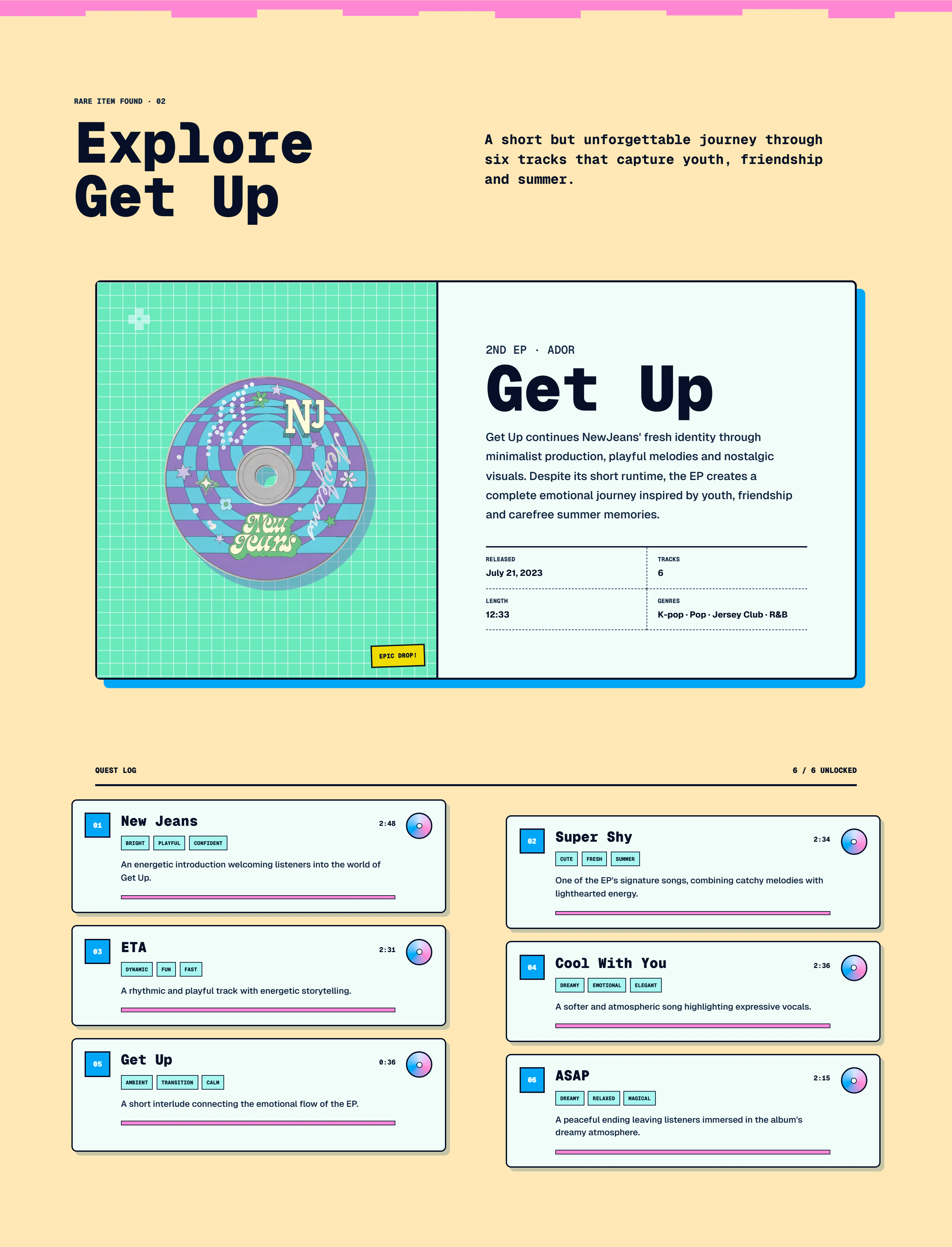 Desktop Explore Get Up section with album artwork and six track cards