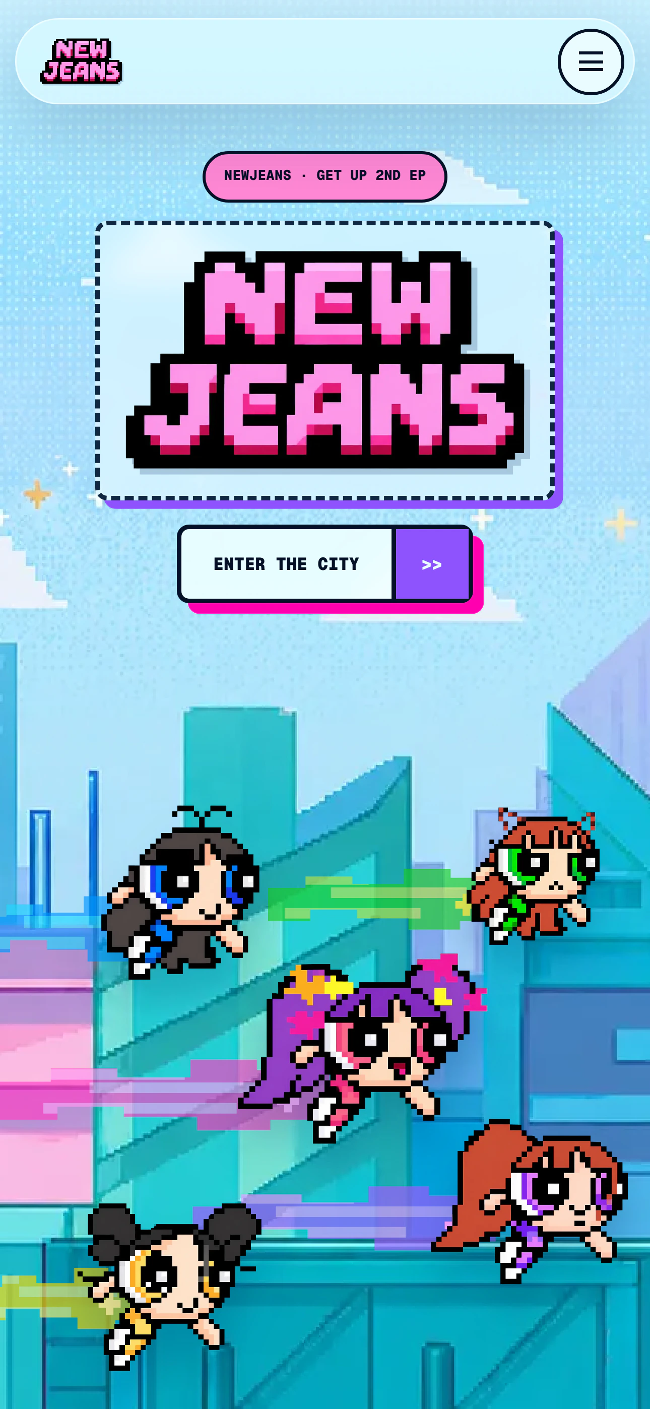 Mobile NewJeans Pixel Journey hero with recomposed characters and compact navigation