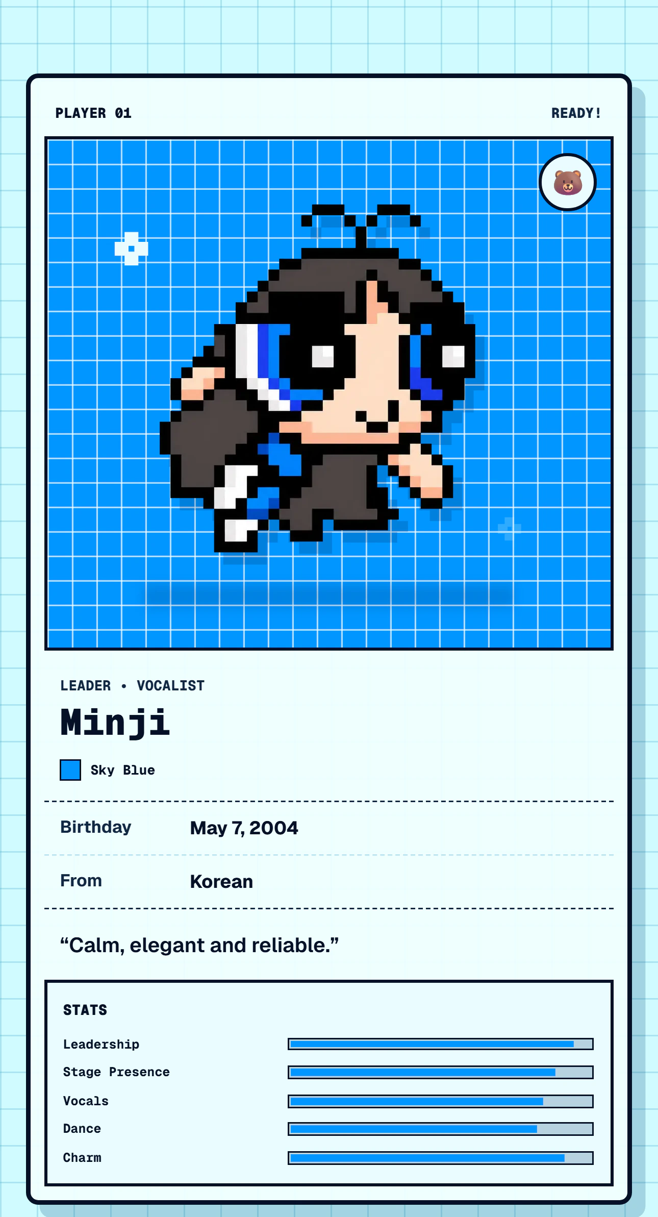 Mobile RPG-inspired profile card for NewJeans member Minji