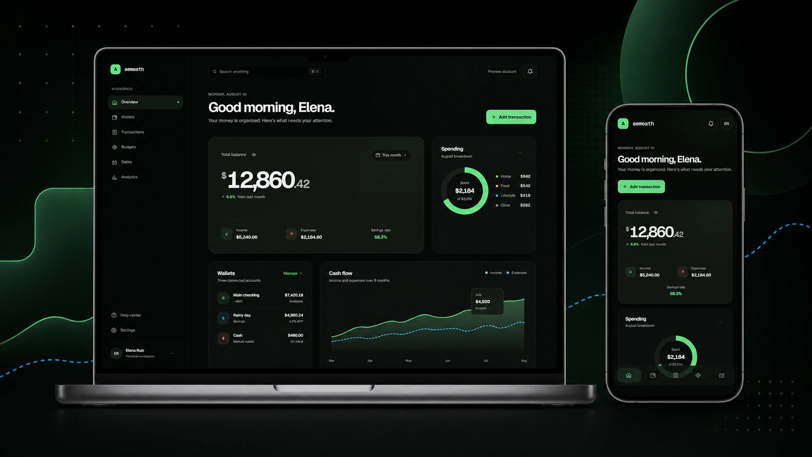 Aemeath finance dashboard shown on desktop and mobile devices
