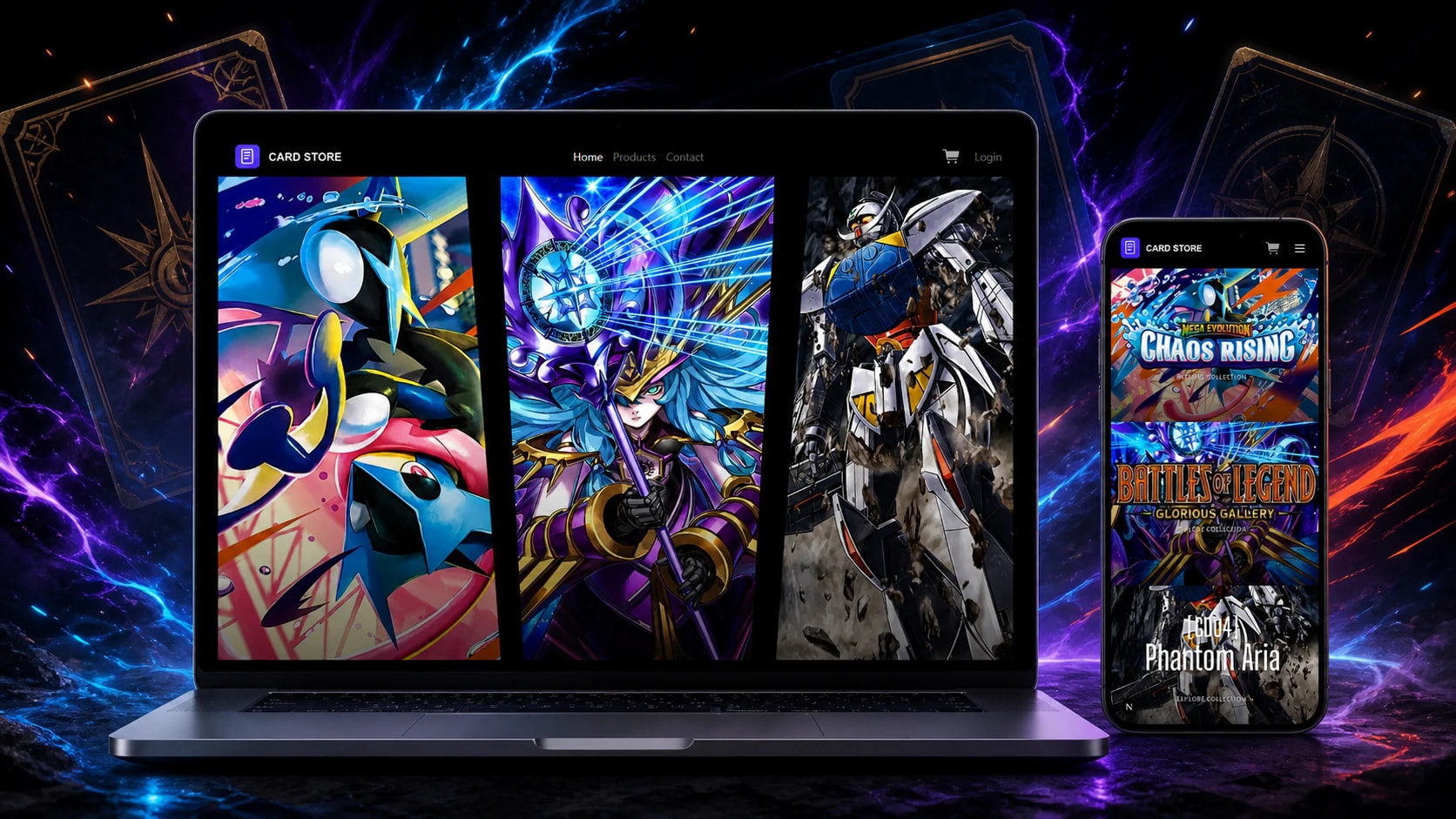 Card Store ecommerce interface shown on desktop and mobile devices