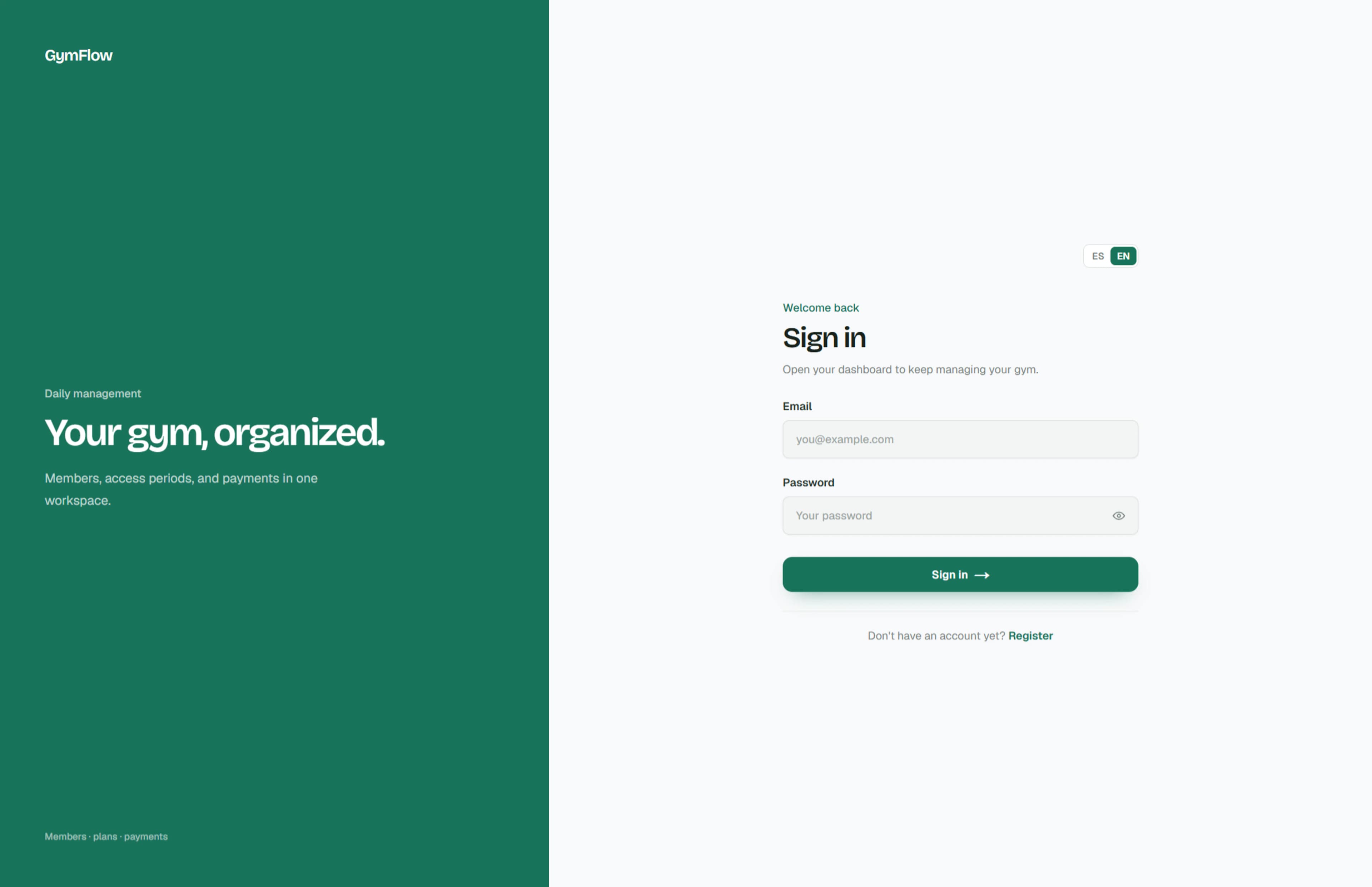 GymFlow sign-in page with Spanish and English language controls