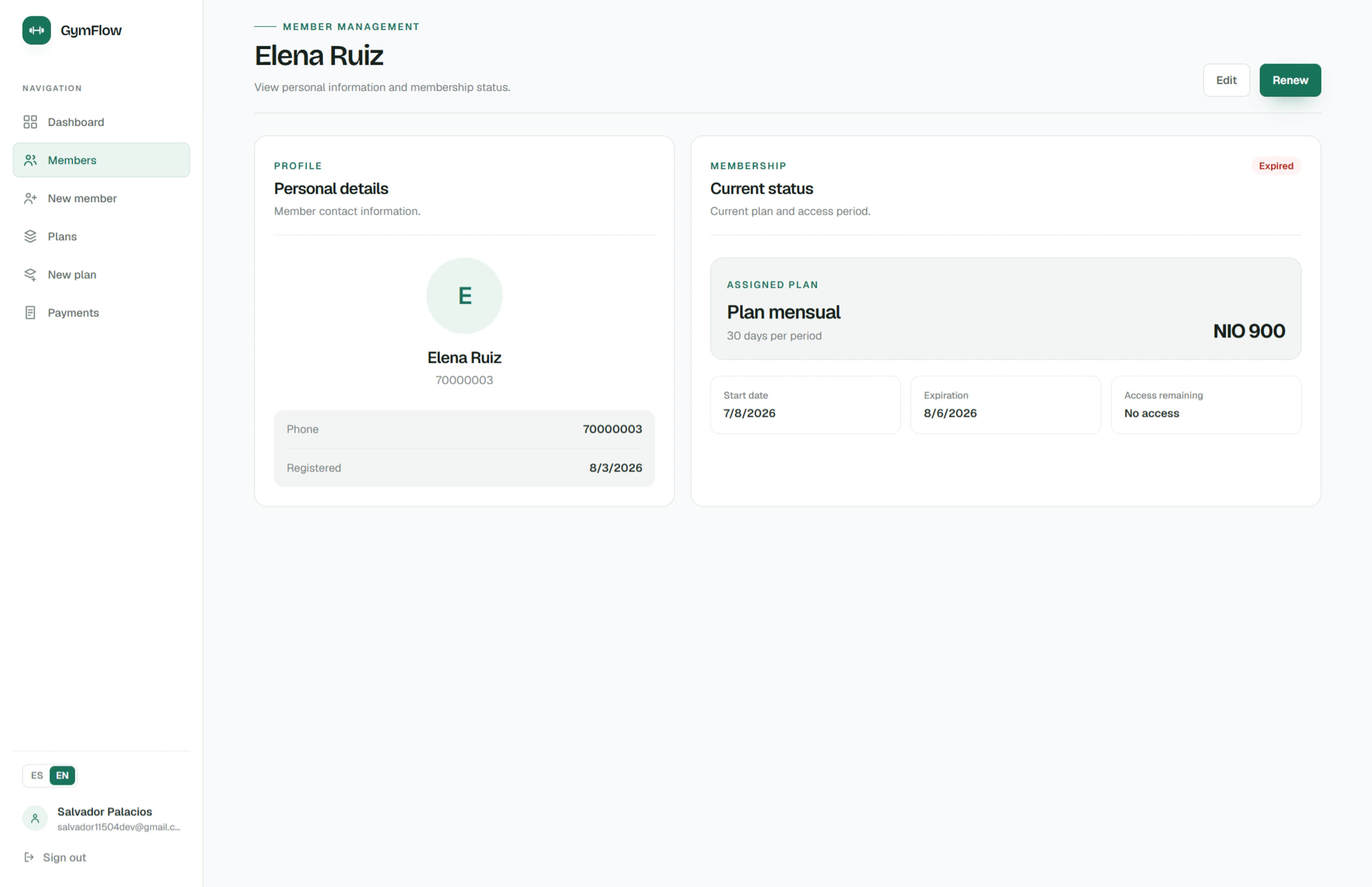 GymFlow member details showing profile information, assigned plan, and remaining access