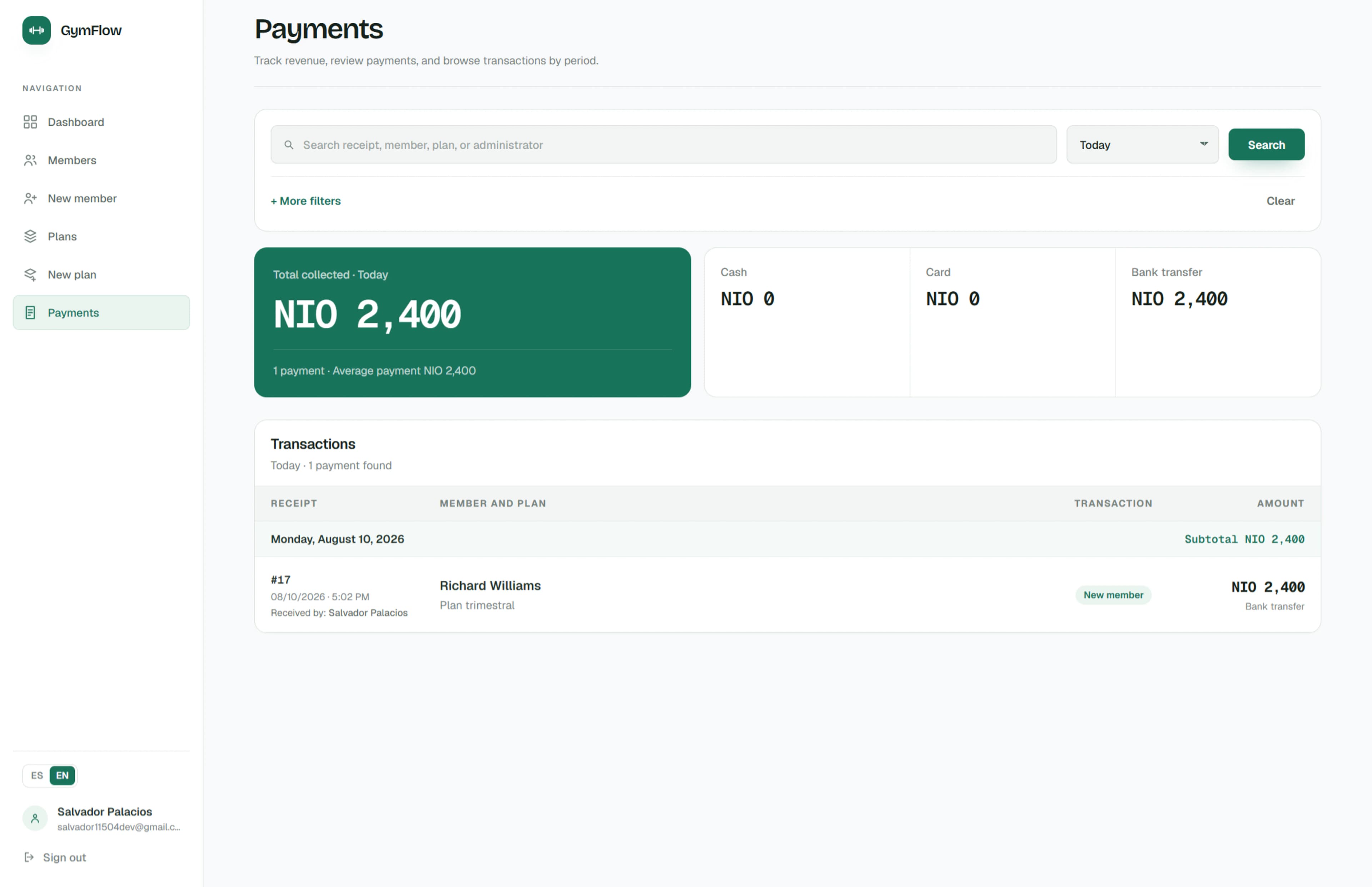 GymFlow payment reporting with search filters, payment method totals, and transaction history