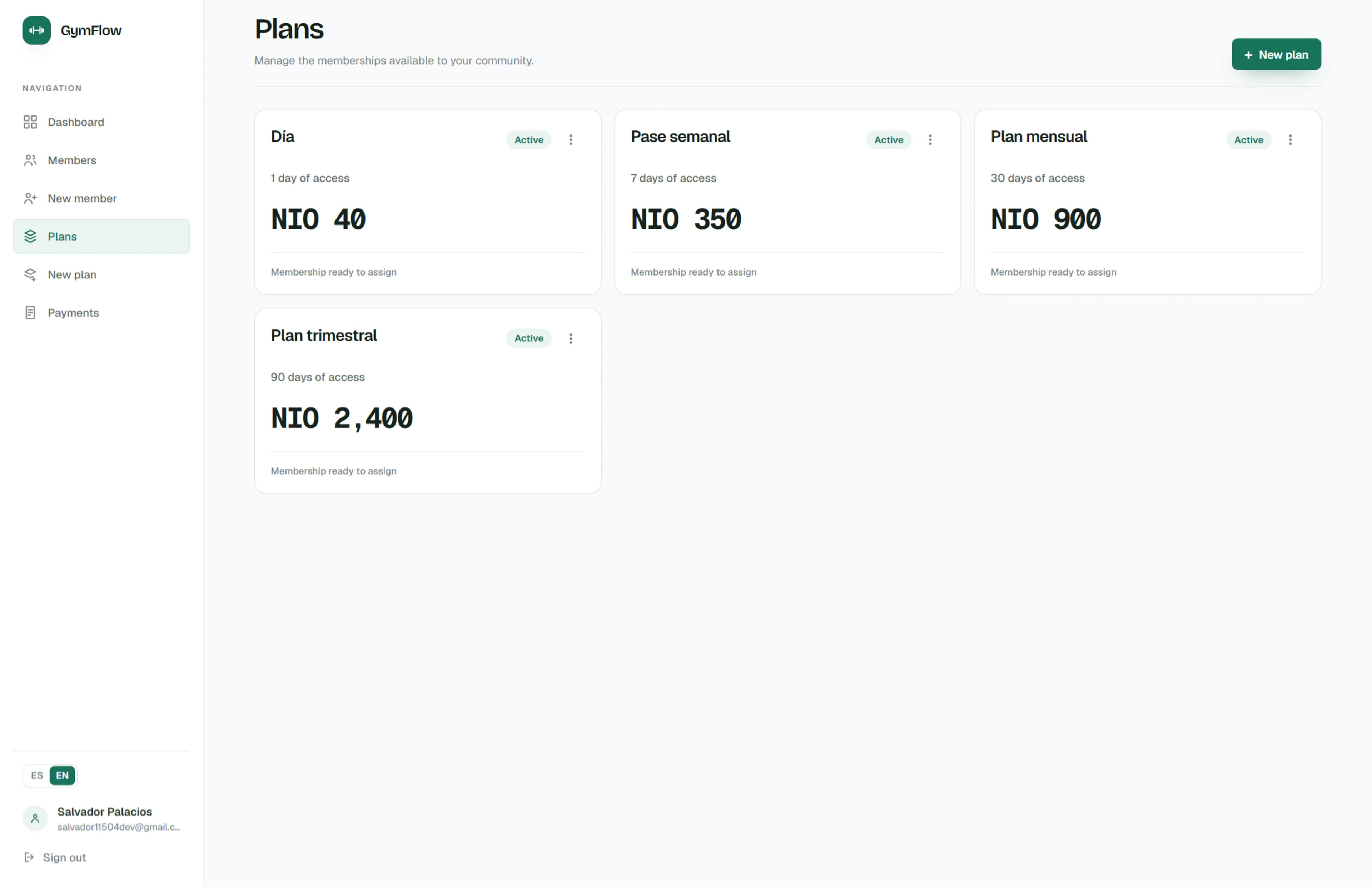 GymFlow membership plans showing duration, pricing, and active status